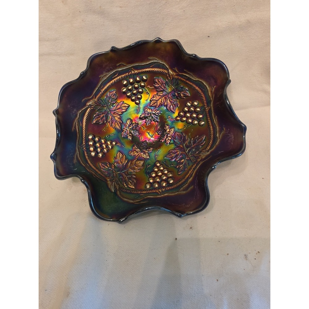 Northwood Carnival Glass Grape and Cable Ruffled Bowl 7.5 " Amethyst Purple